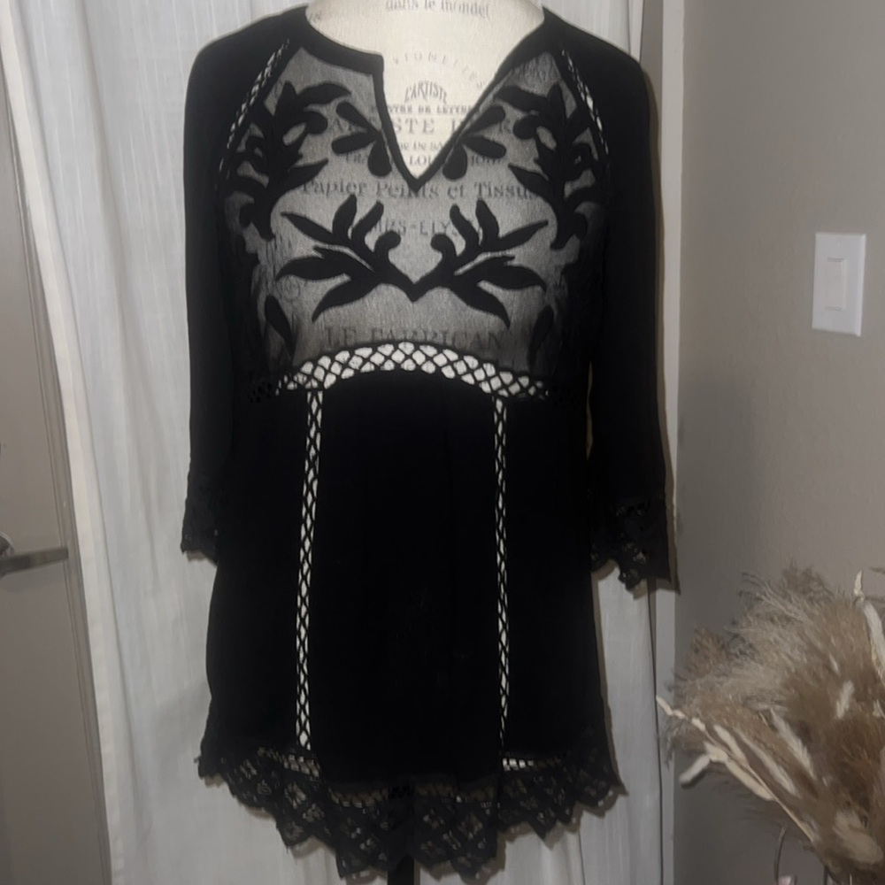 Pale Sky black lace & sheer floral blouse 3/4 length sleeve womens dress shirt S - Picture 7 of 10